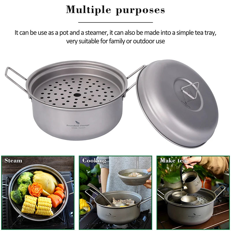 1.8L Titanium Steamer Camping Soup Pot Stockpot with Lid