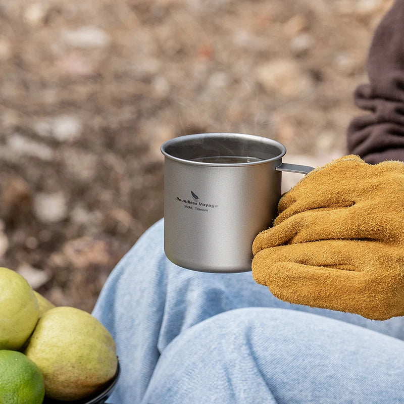Boundless Voyage 360ml Titanium Camping Mug with Lid Lightweight Travel Coffee Tea Cup Portable Durable Single layer Dinking Mug Ti3023D