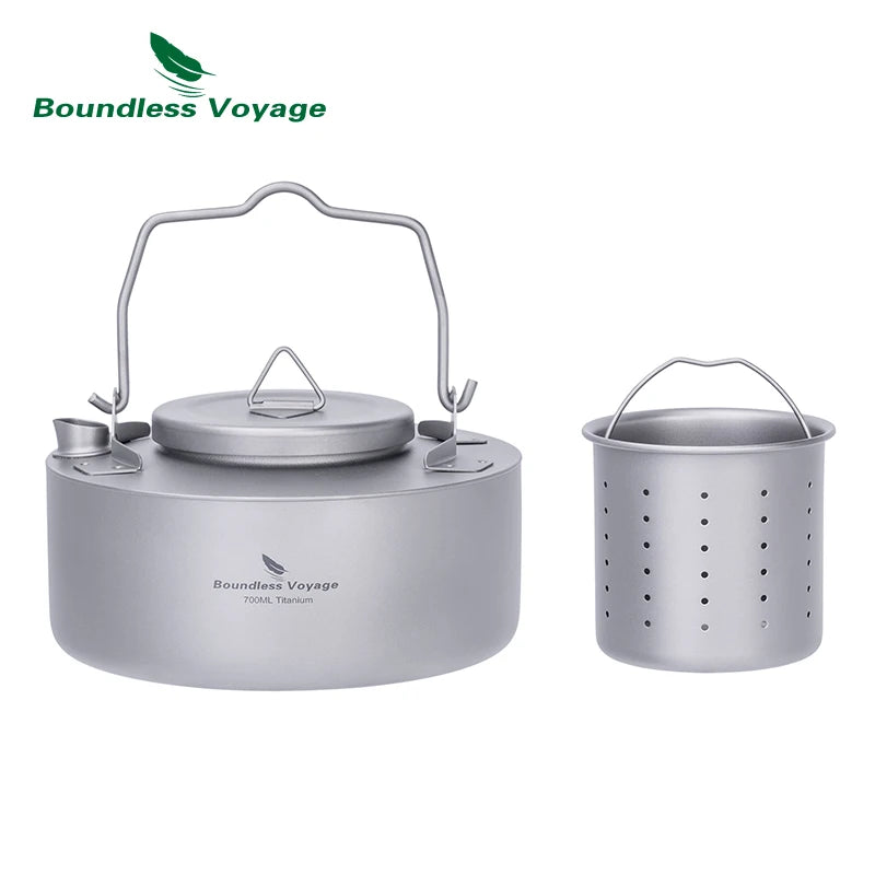 Boundless Voyage Titanium Camping Kettle – 700ml, Foldable Handle, Mesh Filter, Fast Boiling Ti3104D