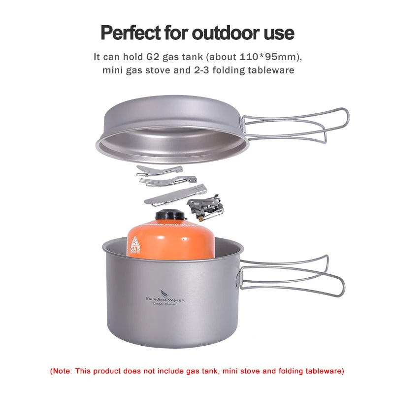 Lightweight Titanium Pot Pan Set 1200ml & 500ml Outdoor Camping Travel Cookware