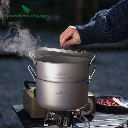 Boundless Voyage Titanium Steam Pot Compact Food Steamer Pan Camping Pot Outdoor Cookware Lightweight Portable Hiking Saucepan