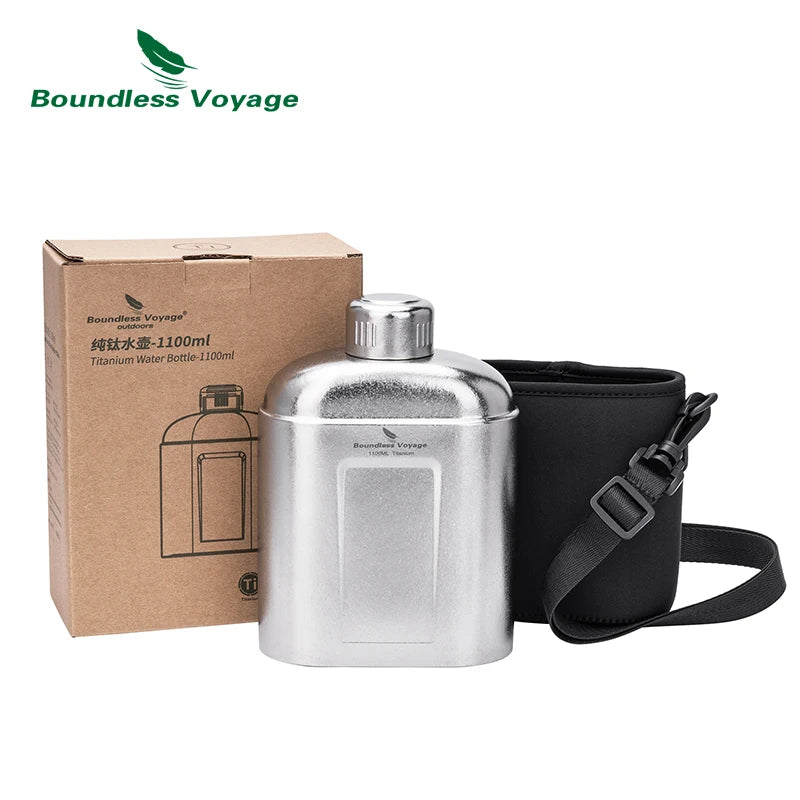 Boundless Voyage 1100ml Pure Titanium Canteen Leakproof Outdoor Water Bottle Ultralight Portable Camping Trekking Flask with Bag Ti3012D
