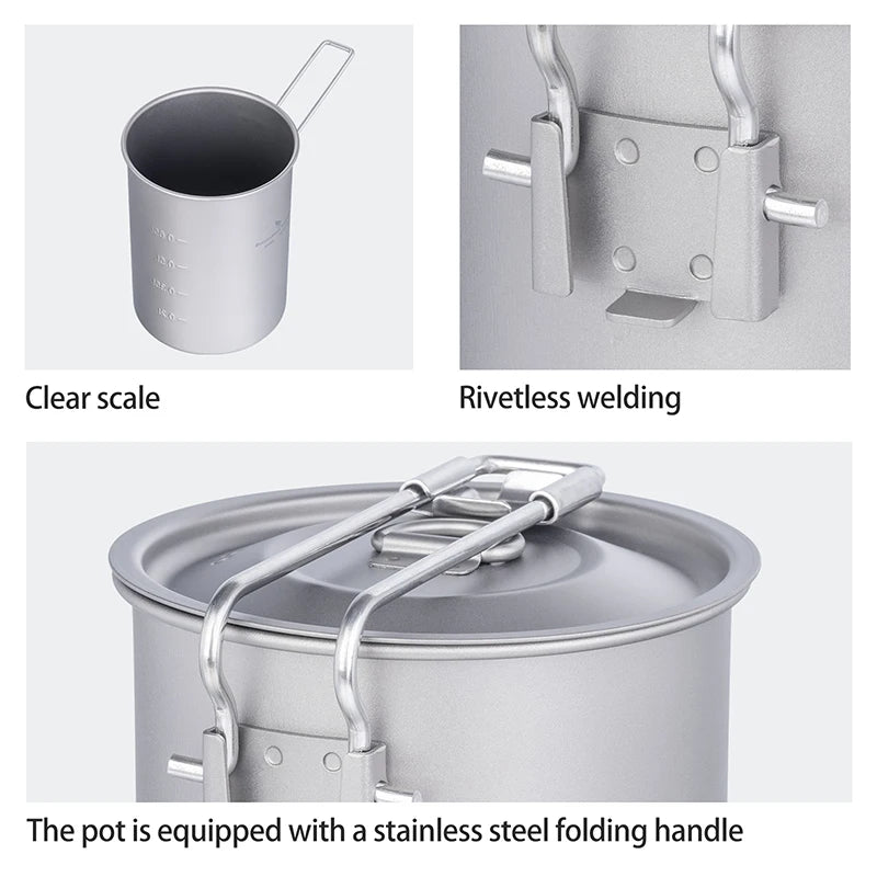 900ml Titanium Pot Cup Camping Cookware Lightweight Bowl