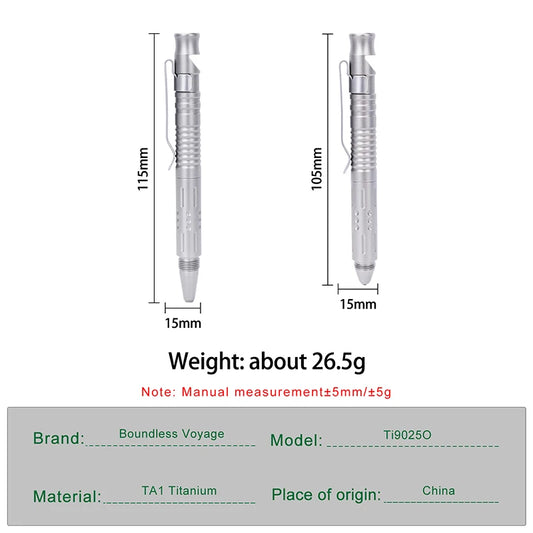 Boundless Voyage 3-in-1 Titanium Multifunctional Whistle Pen 120dB Outdoor Car Window Breaker Survival Tool Ti9025O