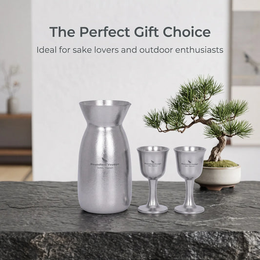 Boundless Voyage Titanium Sake Set 150ml Lightweight Carafe & 2 Cups for Sake, Soju, Wine | Portable Drinkware Gift Ti3266D