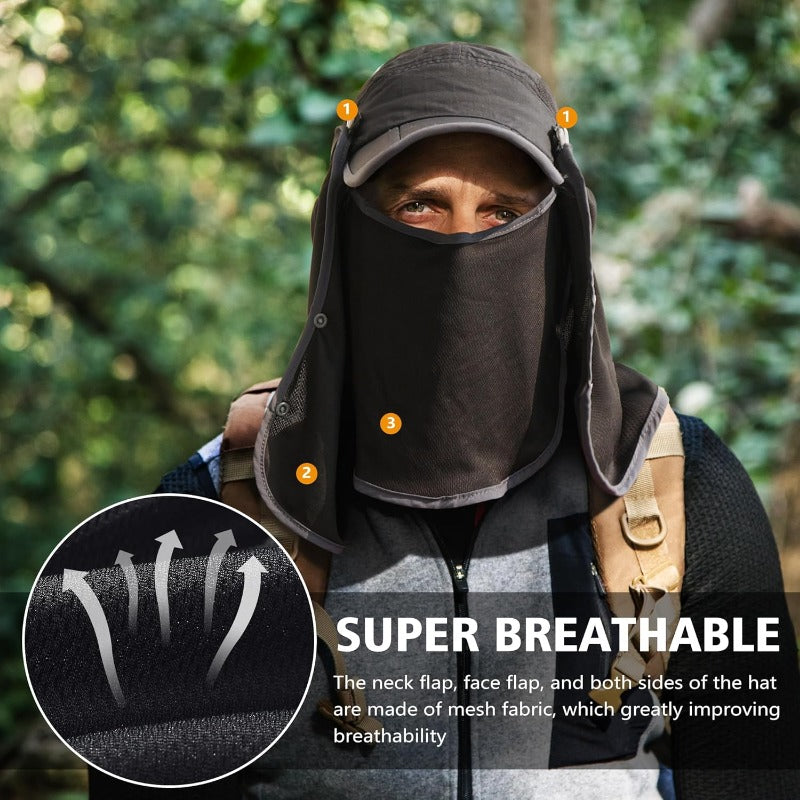 Foldable Fishing Cap with Neck Flap, UPF 50+ Sun Protection, Windproof, Removable Design, Multi-Level Adjustment