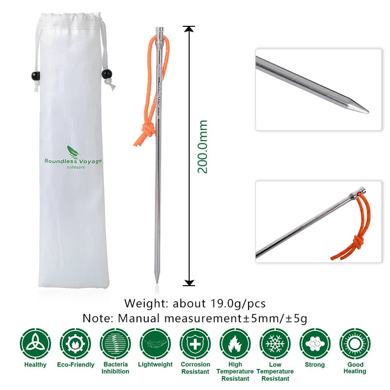 Boundless Voyage 20cm Camping Tent Pegs Titanium Tent Nails Ultralight Tent Stakes Heavy Duty Tent Pins with Rope 8 pcs Ti4006P