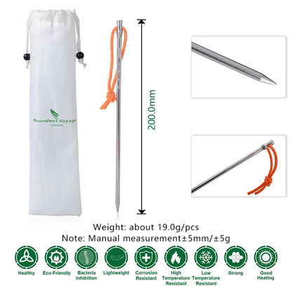 Boundless Voyage 20cm Camping Tent Pegs Titanium Tent Nails Ultralight Tent Stakes Heavy Duty Tent Pins with Rope 8 pcs Ti4006P