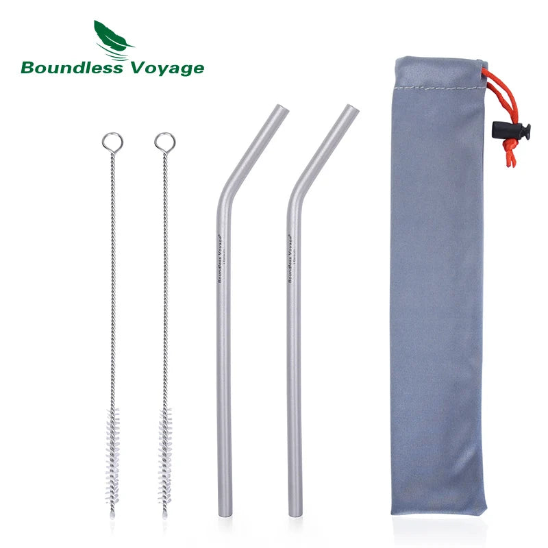 Boundless Voyage Titanium Straw with Cleaning Brush Straight Curved Reusable Drinking Straw Water Flatware for Coffee Tea Yogurt Ti1018T