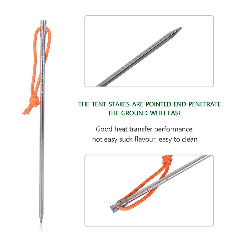 Boundless Voyage 20cm Camping Tent Pegs Titanium Tent Nails Ultralight Tent Stakes Heavy Duty Tent Pins with Rope 8 pcs Ti4006P