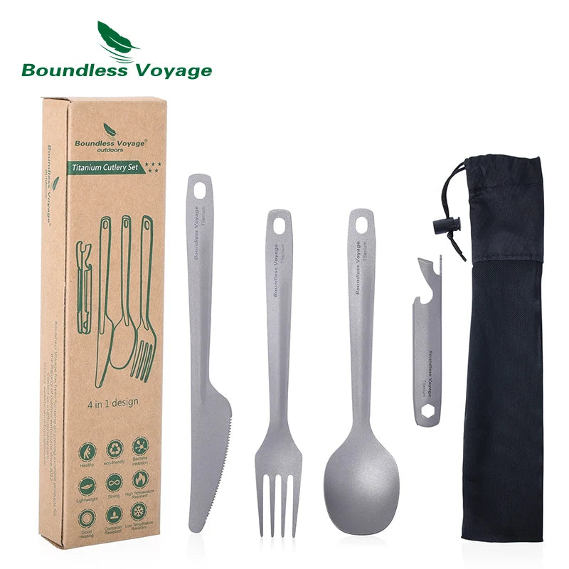 Boundless Voyage Titanium Cutlery Set – Knife, Fork, Spoon, Bottle Opener – Ultralight Travel Utensils Ti1066T