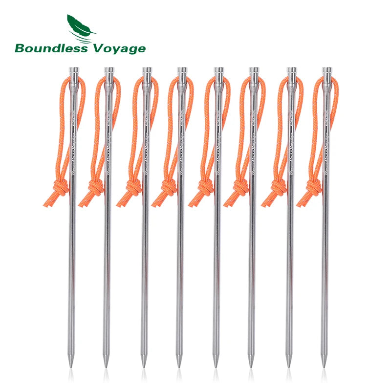 Boundless Voyage 20cm Camping Tent Pegs Titanium Tent Nails Ultralight Tent Stakes Heavy Duty Tent Pins with Rope 8 pcs Ti4006P