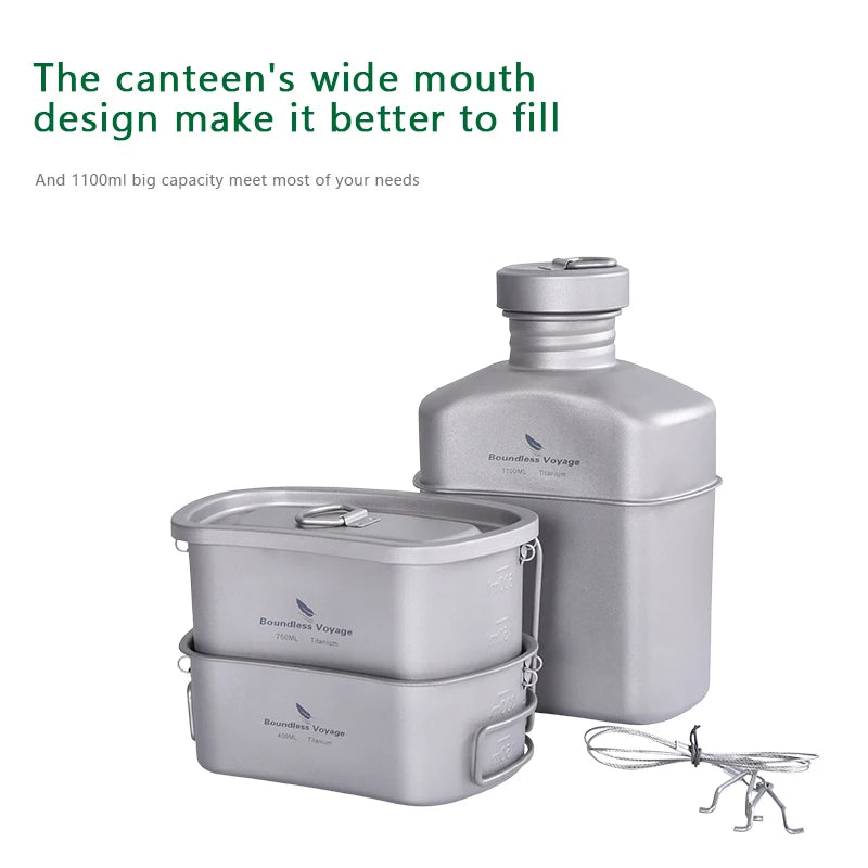 Boundless Voyage Titanium Military Canteen Cups Set 1100ml+750ml+400ml with Lid Chain Camping Cookware Outdoor Cooking Kit