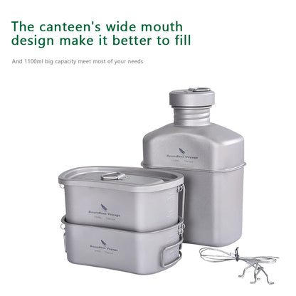 Boundless Voyage Titanium Military Canteen Cups Set 1100ml+750ml+400ml with Lid Chain Camping Cookware Outdoor Cooking Kit