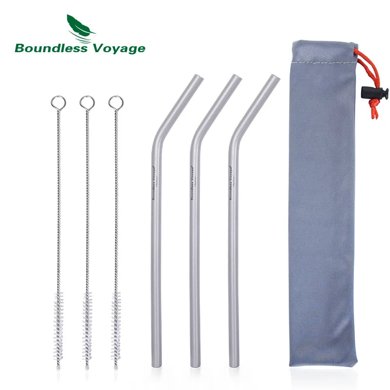 Boundless Voyage Titanium Straw with Cleaning Brush Straight Curved Reusable Drinking Straw Water Flatware for Coffee Tea Yogurt Ti1018T