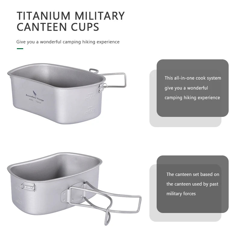 Boundless Voyage Titanium Military Canteen Cups Set 1100ml+750ml+400ml with Lid Chain Camping Cookware Outdoor Cooking Kit