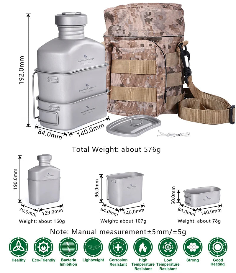 Boundless Voyage Titanium Military Canteen Cups Set 1100ml+750ml+400ml with Lid Chain Camping Cookware Outdoor Cooking Kit