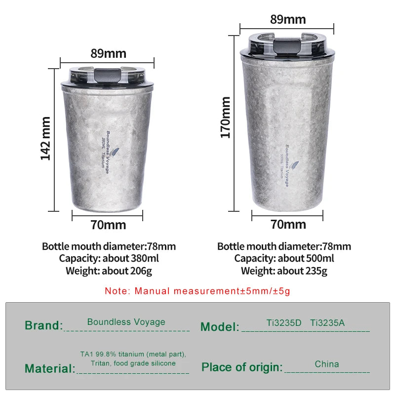 Boundless Voyage 380ml / 500ml Titanium Travel Coffee Tea Drinking Cup Double Wall Vacuum Insulated Water Mug Thermos with Lid Ti3235D/Ti3235A