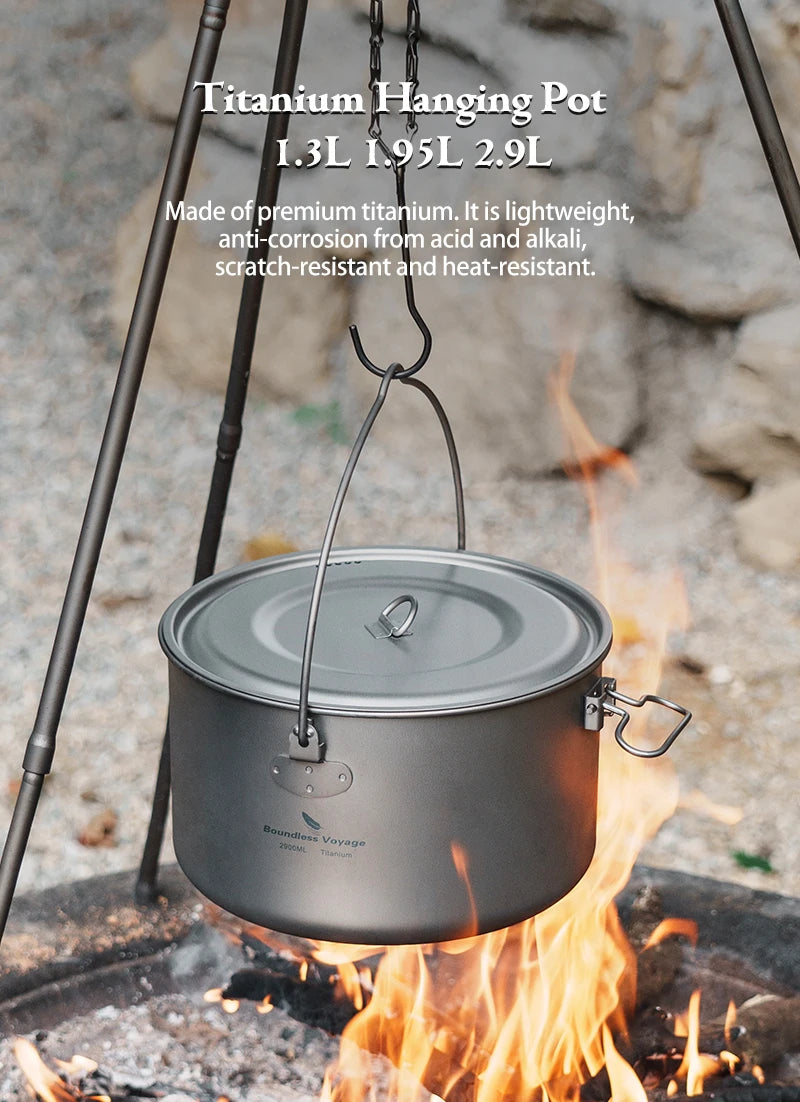 Boundless Voyage Titanium Pot Camping Cookware Hanging Soup Pot with Lid Outdoor Cooking Kit Lightweight Kitchen Ware Tableware Ti2045C