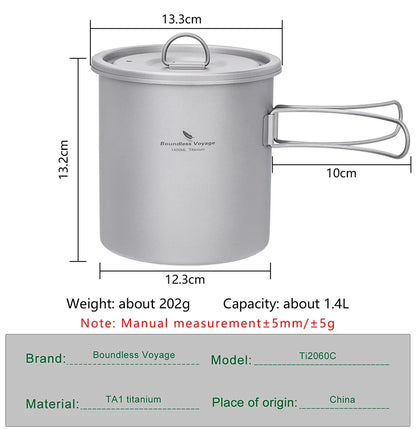 Boundless Voyage Titanium Camping Pot 1400ml Ultralight Backpacking Cookware with Folding Handle & Lid for Outdoor Hiking Travel Ti2060C