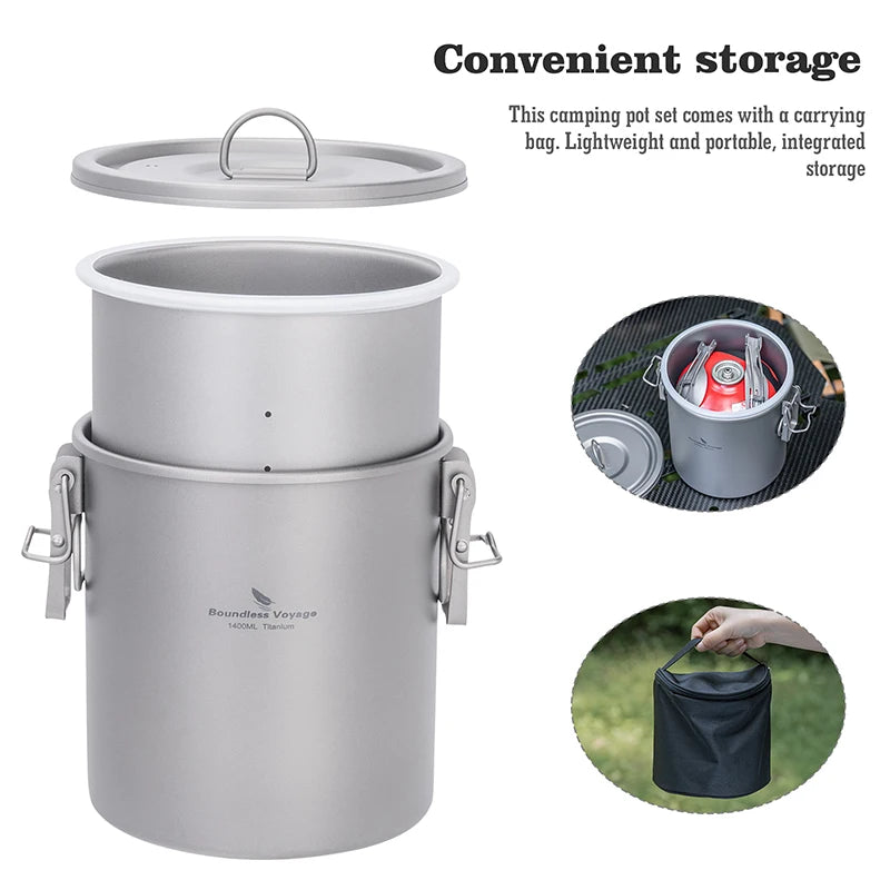Boundless Voyage Titanium Cook Set – 1.4L Outer Pot + 0.9L Inner Pot, Steamer, Foldable Handles Ti2093C