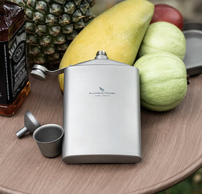 Boundless Voyage 250ml Titanium Hip Flask with Mini Cup & Funnel Camping Backpacking Pocket Whiskey Wine Pot for Men Women Ti3064D