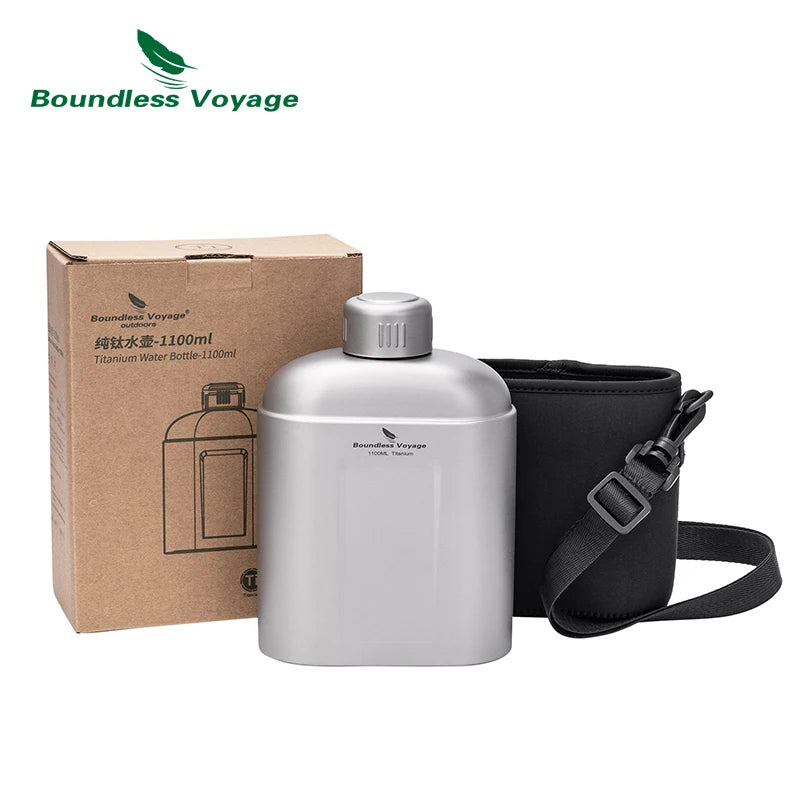 Boundless Voyage 1100ml Pure Titanium Canteen Leakproof Outdoor Water Bottle Ultralight Portable Camping Trekking Flask with Bag Ti3012D