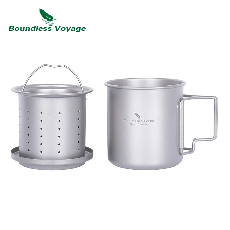Boundless Voyage 420ml Titanium Mug with Strainer & Lid Lightweight Camping Single Layer Tea Cup with Filter Outdoor Drinkware Ti3054D