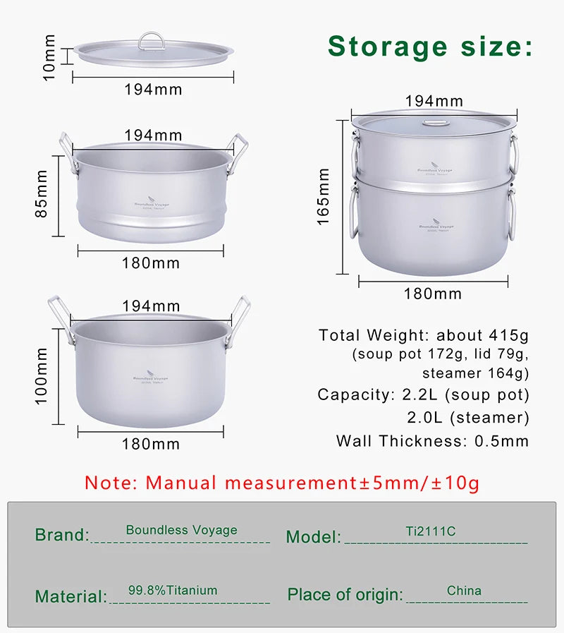 Boundless Voyage Titanium Steam Pot Compact Food Steamer Pan Camping Pot Outdoor Cookware Lightweight Portable Hiking Saucepan