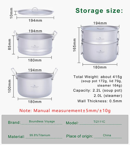 Boundless Voyage Titanium Steam Pot Compact Food Steamer Pan Camping Pot Outdoor Cookware Lightweight Portable Hiking Saucepan