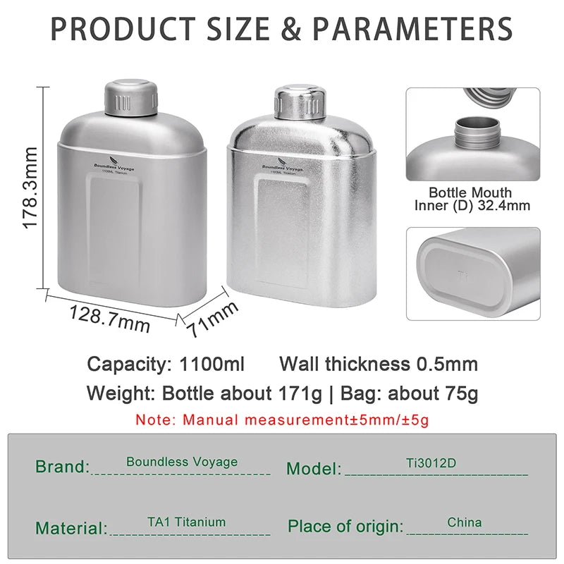 Boundless Voyage 1100ml Pure Titanium Canteen Leakproof Outdoor Water Bottle Ultralight Portable Camping Trekking Flask with Bag Ti3012D