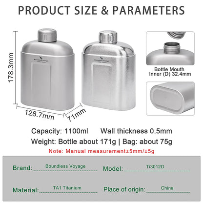 Boundless Voyage 1100ml Pure Titanium Canteen Leakproof Outdoor Water Bottle Ultralight Portable Camping Trekking Flask with Bag Ti3012D