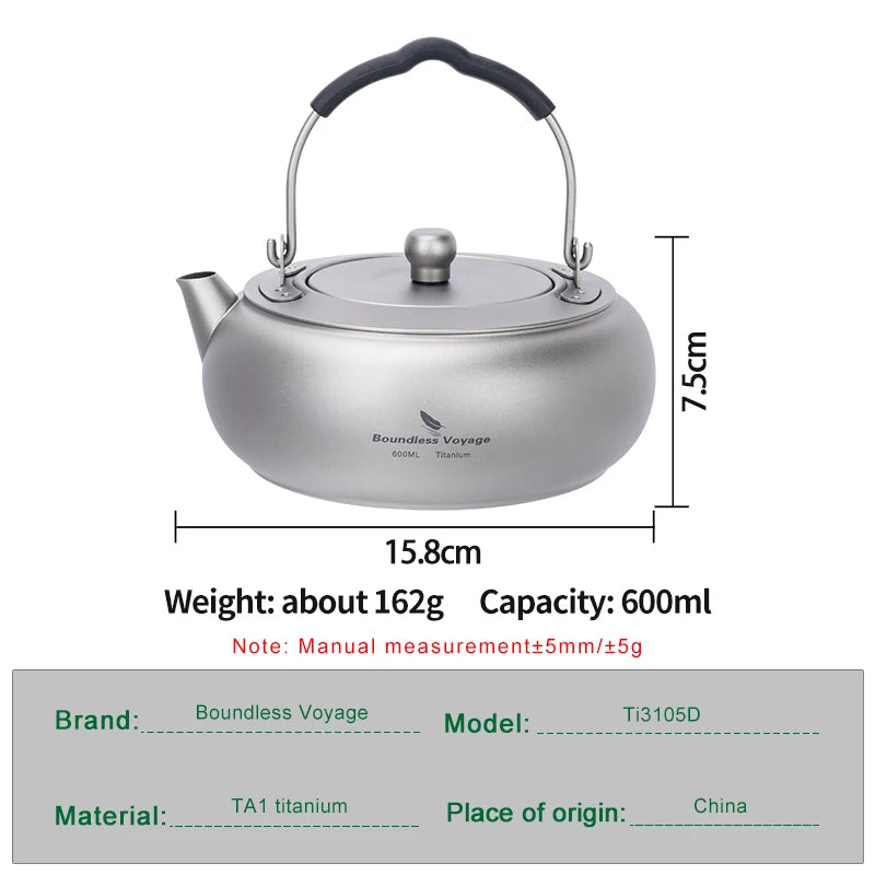 Boundless Voyage 600ml Titanium Camping Kettle Lightweight Compact Tea Pot with Built-in Filter for Outdoor Backpacking Hiking Ti3105D