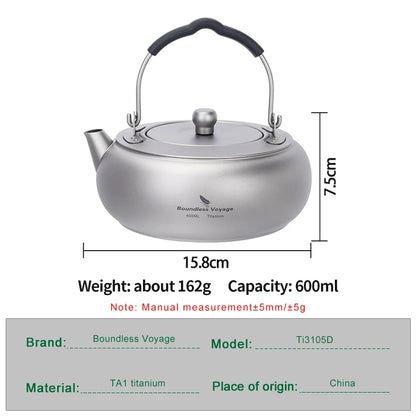 Boundless Voyage 600ml Titanium Camping Kettle Lightweight Compact Tea Pot with Built-in Filter for Outdoor Backpacking Hiking Ti3105D