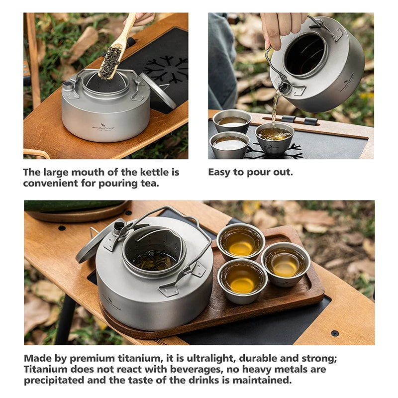 Boundless Voyage Titanium Camping Kettle – 700ml, Foldable Handle, Mesh Filter, Fast Boiling Ti3104D