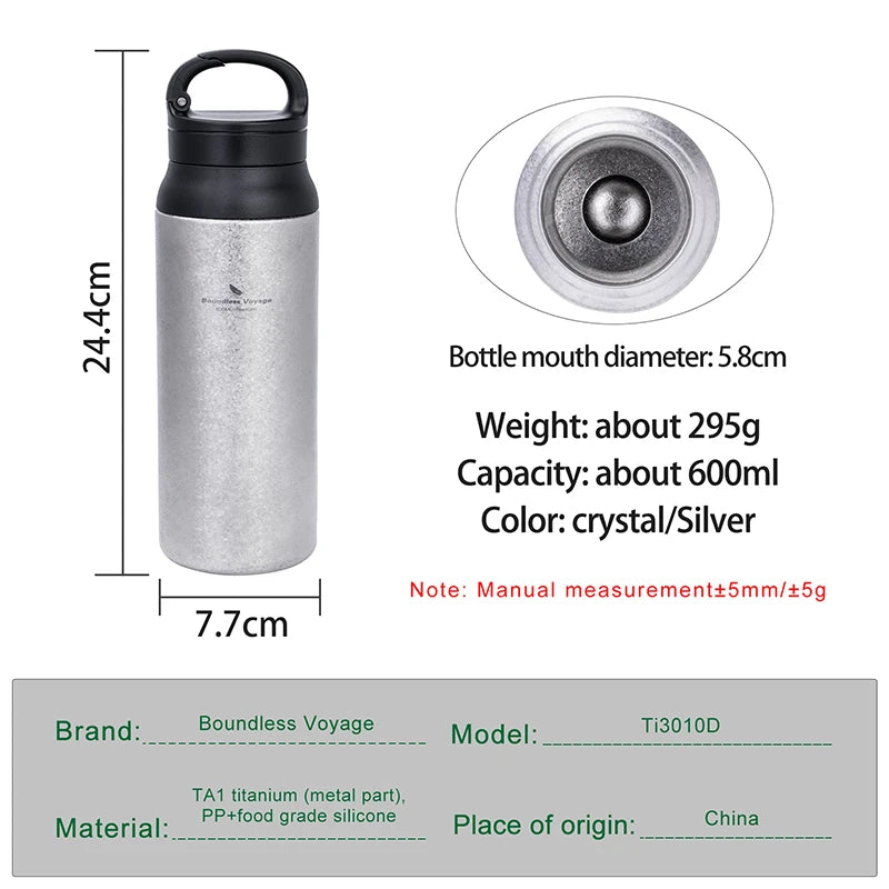 Boundless Voyage 600ml Titanium Vacuum Flask Double-Walled Insulated Bottle Reusable Travel Keeping Hot & Cold Coffee Tea Cup Ti3010D