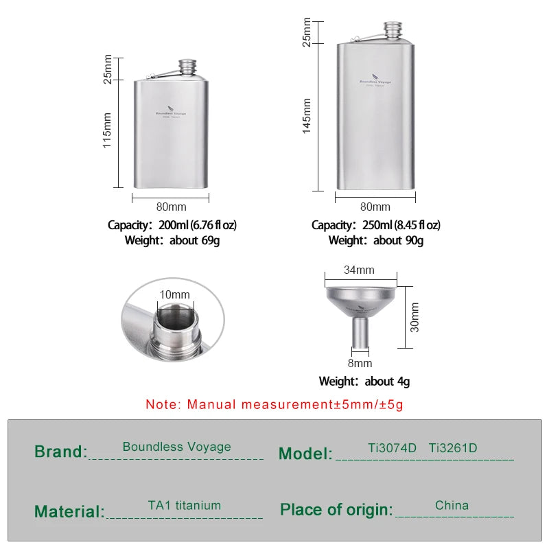 Boundless Voyage 200ml Titanium Hip Flask Ultralight Camping Flask Bottle for Whiskey Vodka Wine Outdoor Travel Equipment Ti3261D