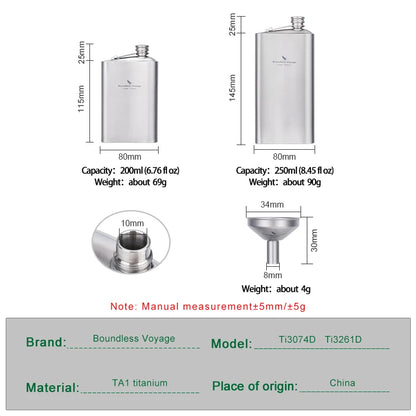 Boundless Voyage 200ml Titanium Hip Flask Ultralight Camping Flask Bottle for Whiskey Vodka Wine Outdoor Travel Equipment Ti3261D