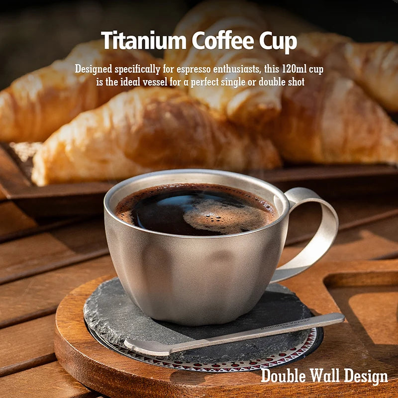 Boundless Voyage Titanium Espresso Cup 120ml Double Wall Coffee Cup, Compact & Lightweight & Heat Insulated, Fixed Handle Ti3088D