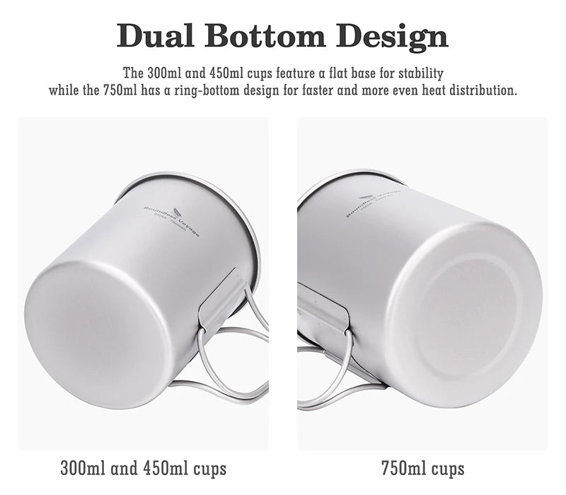 Boundless Voyage Titanium Camping Cup with Lid 300ml 450ml 750ml Stackable Lightweight Mug Pot for Backpacking, Hiking, Travel Ti3250D