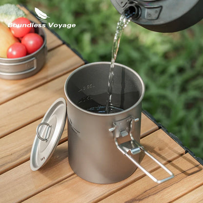 Boundless Voyage 900ml Titanium Pot Cup Camping Cookware Lightweight Bowl with Folding Handle & Lid Outdoor Portable Cooking Ti2040C kit