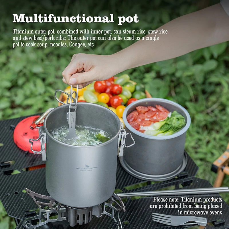 Boundless Voyage Titanium Cook Set – 1.4L Outer Pot + 0.9L Inner Pot, Steamer, Foldable Handles Ti2093C
