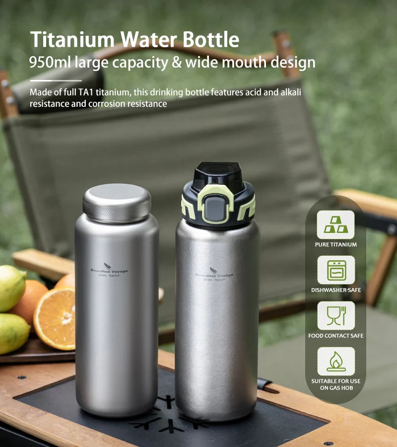 Boundless Voyage 950ml Pure Titanium Water Bottle Single Wall Canteen with Leakproof Titanium Twist Lid & PP Lockable Flip Lid Ti3018D