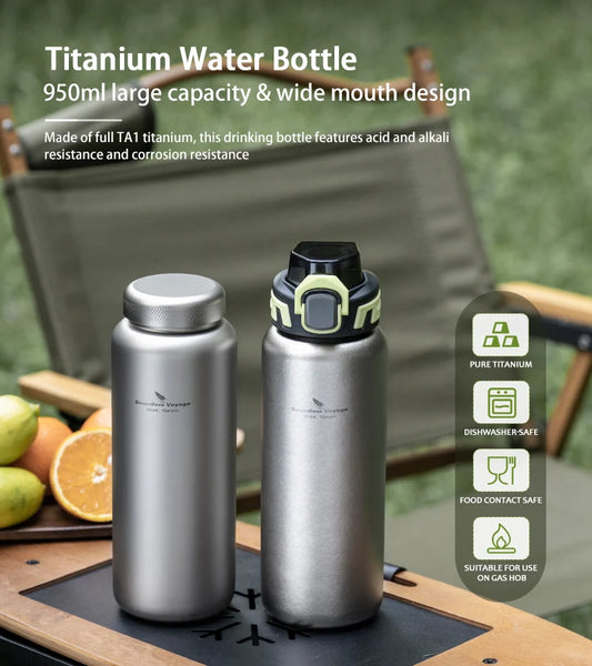 Boundless Voyage 950ml Pure Titanium Water Bottle Single Wall Canteen with Leakproof Titanium Twist Lid & PP Lockable Flip Lid Ti3018D