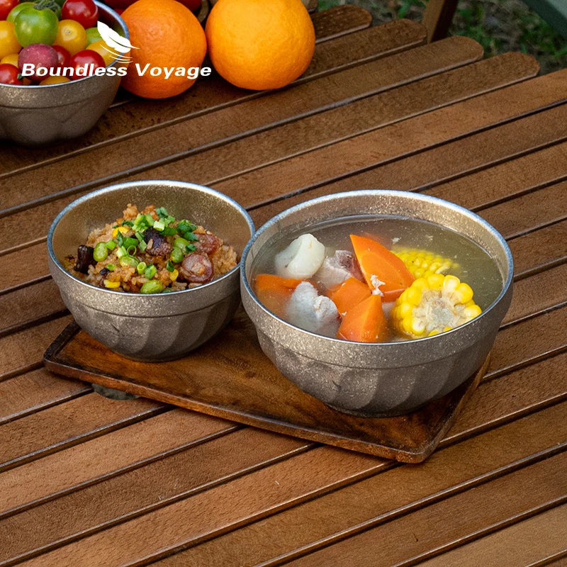 Boundless Voyage Titanium Double-Wall Bowl Set – 500ml + 800ml, Magnolia Embossed, Anti-Scald Ti1168T/Ti1169T