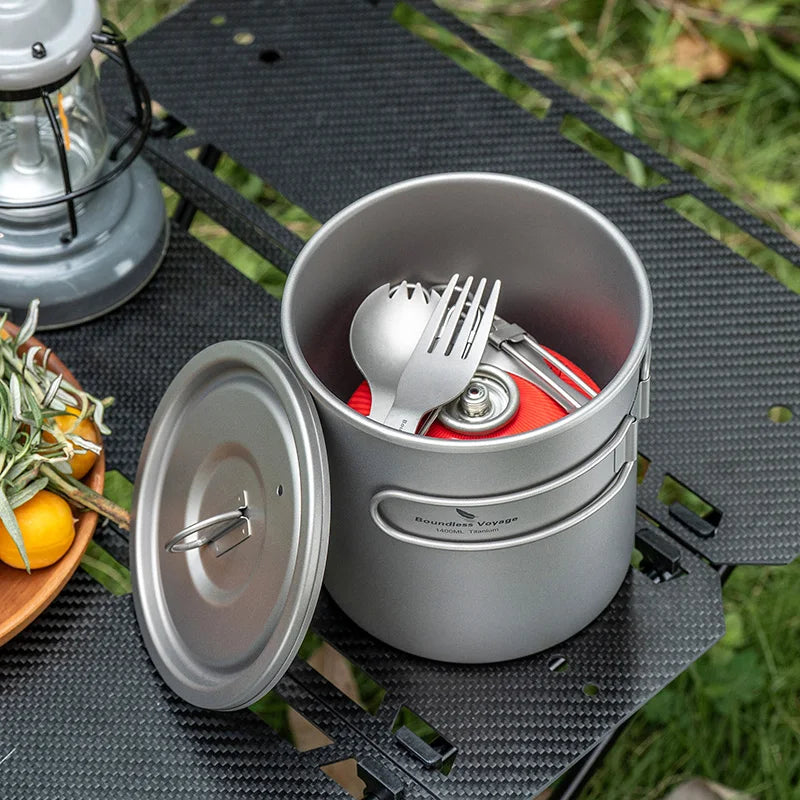 Boundless Voyage Titanium Camping Pot 1400ml Ultralight Backpacking Cookware with Folding Handle & Lid for Outdoor Hiking Travel Ti2060C