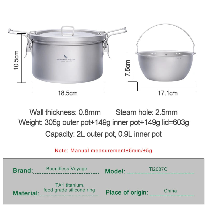 Boundless Voyage Camping Titanium Pot Ultralight Rice Soup Cooker Multifunctional Cooker Outdoor Portable Open Fire Cookware Ti2087C