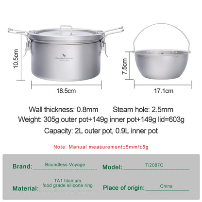 Boundless Voyage Camping Titanium Pot Ultralight Rice Soup Cooker Multifunctional Cooker Outdoor Portable Open Fire Cookware Ti2087C