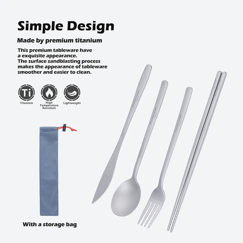 Boundless Voyage Camping Titanium Cutlery Set Long Handle Spoon Fork Knife Chopsticks Uncoated Outdoor Travel Metal Tableware Ti1055T