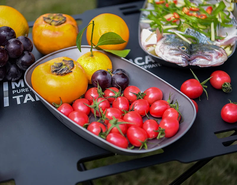 serving-food-on-fish-shaped-titanium-plate-at-picnic